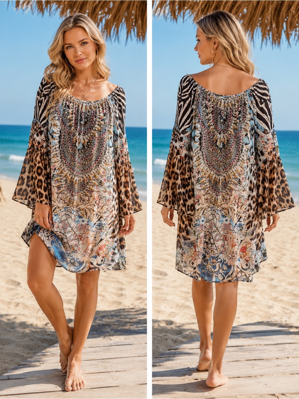 Bohemian Animal-Print Swim Coverup Dress in Mixed Neutrals and Blue